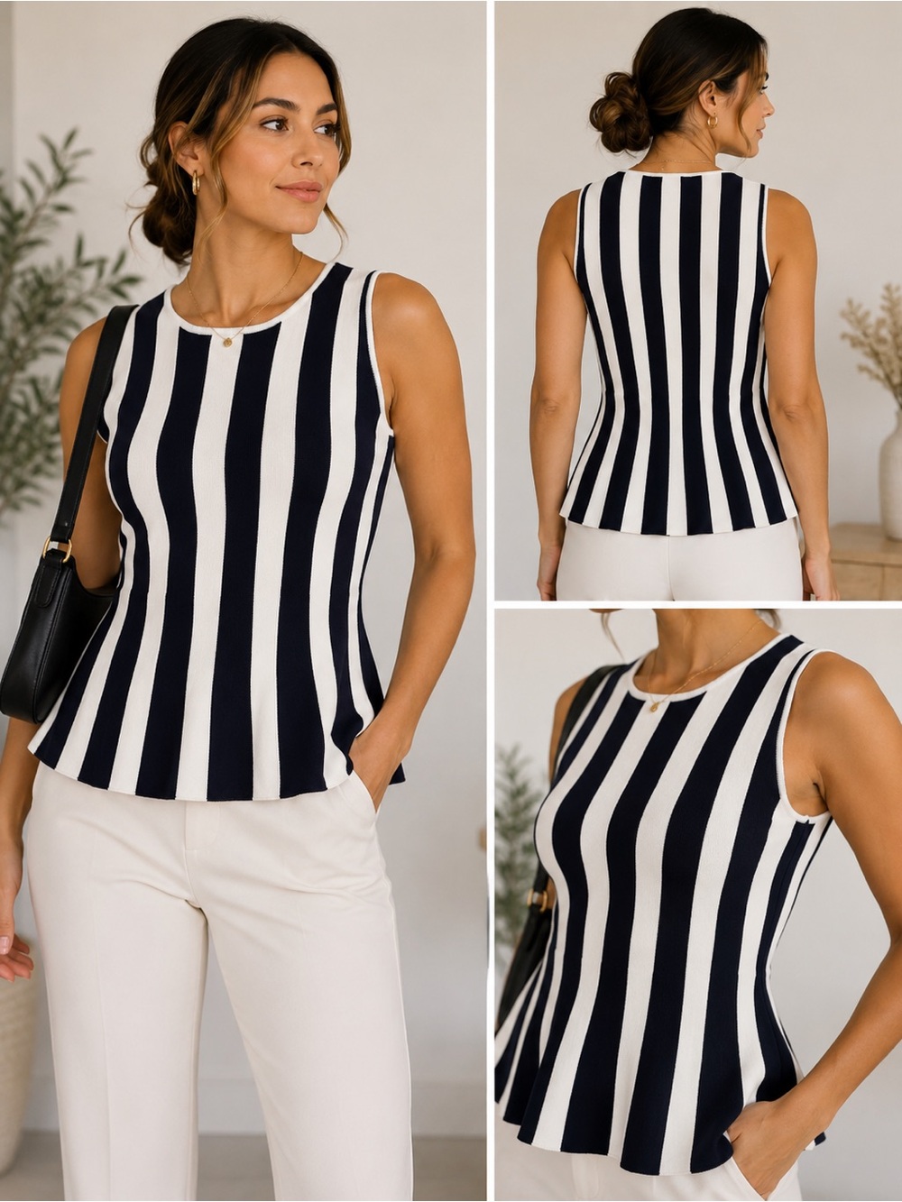 Ann Taylor Black & White Striped Sleeveless Peplum Knit Top XS Stretch Blouse